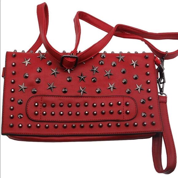 NWTGS Red Vegan Leather Silver Rivet Metallic Studded Crossbody Clutch Bag - Picture 1 of 7